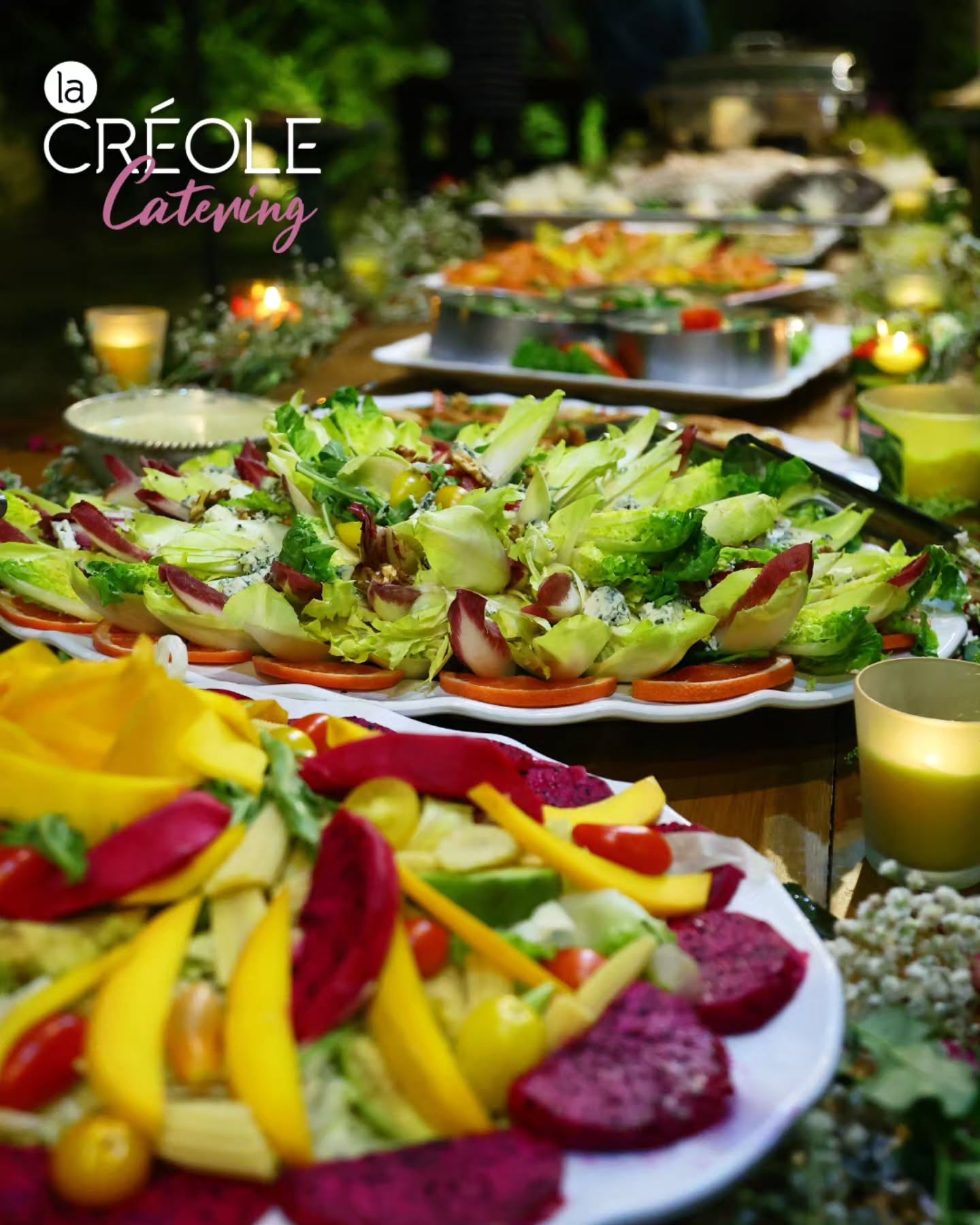 La Créole catering buffet with colourful salads